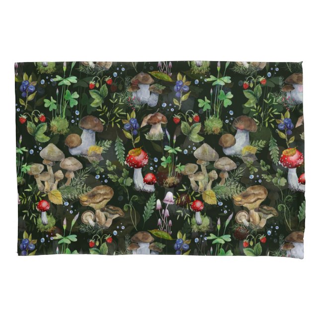 Woodland Forest Greenery Mushrooms Plants Pattern Pillowcase (Front)