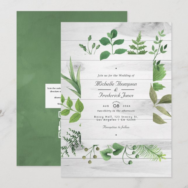 Woodland Forest Greenery QR Code Rustic Wedding Invitation (Front/Back)