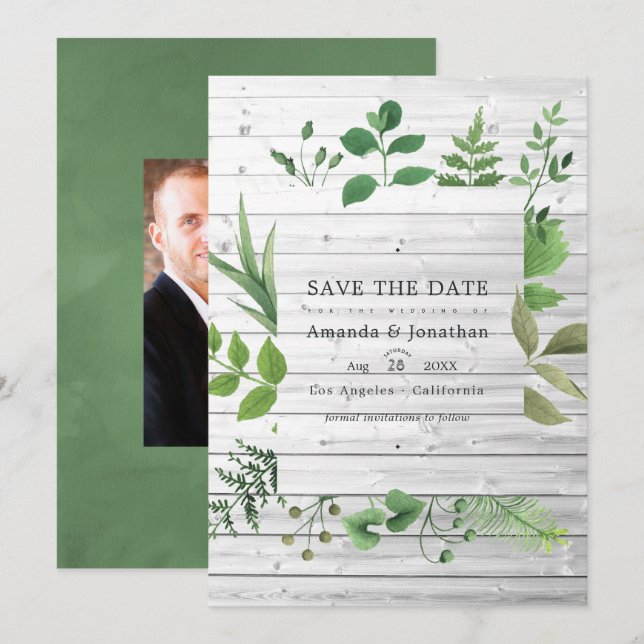 Woodland Forest Greenery Rustic Wedding Photo Save The Date (Front/Back)