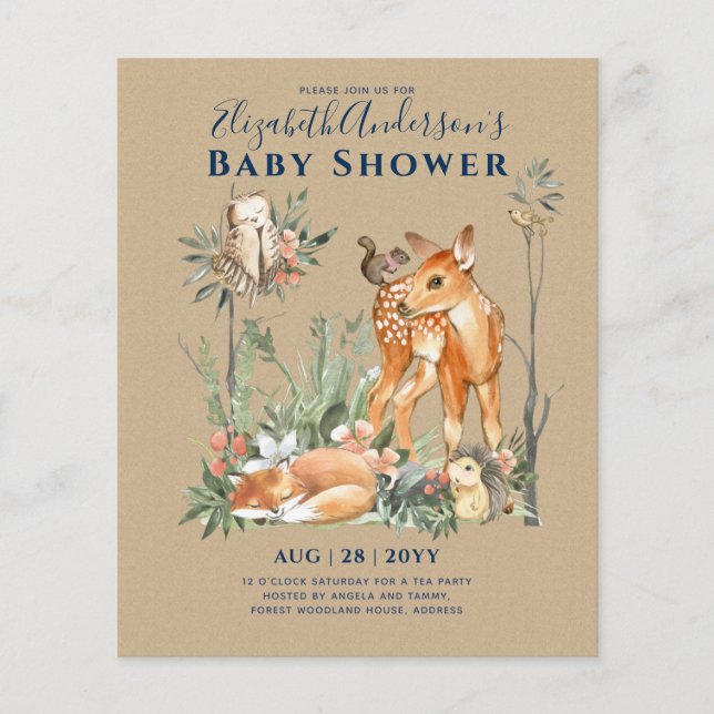 Woodland Forest Greenery Wild Animals Baby Shower Flyer (Front)