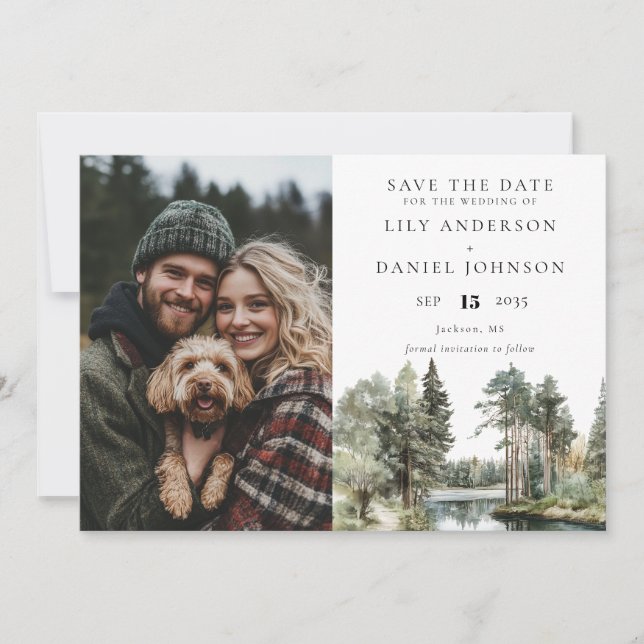Woodland Forest Lake Photo Wedding Save The Date (Front)