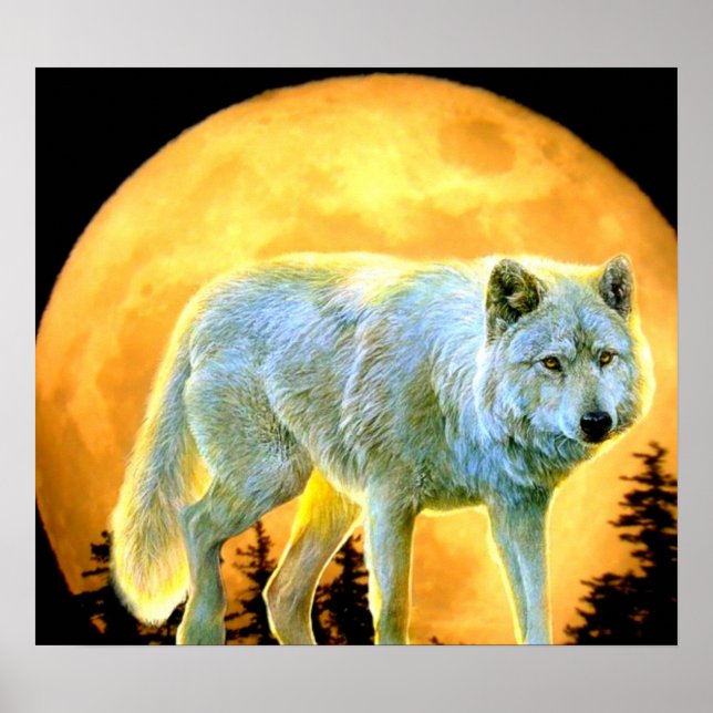 woodland forest moonlight full moon wolf poster (Front)