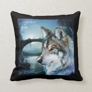 woodland forest moonlight full moon wolf throw pillow
