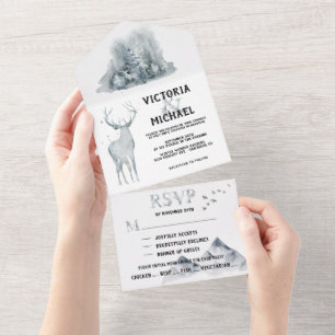 Woodland Forest Mountain Watercolor Wedding All In One Invitation
