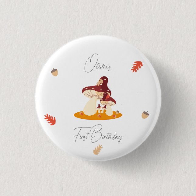 Woodland Forest Mushroom First Birthday  1 Inch Round Button (Front)