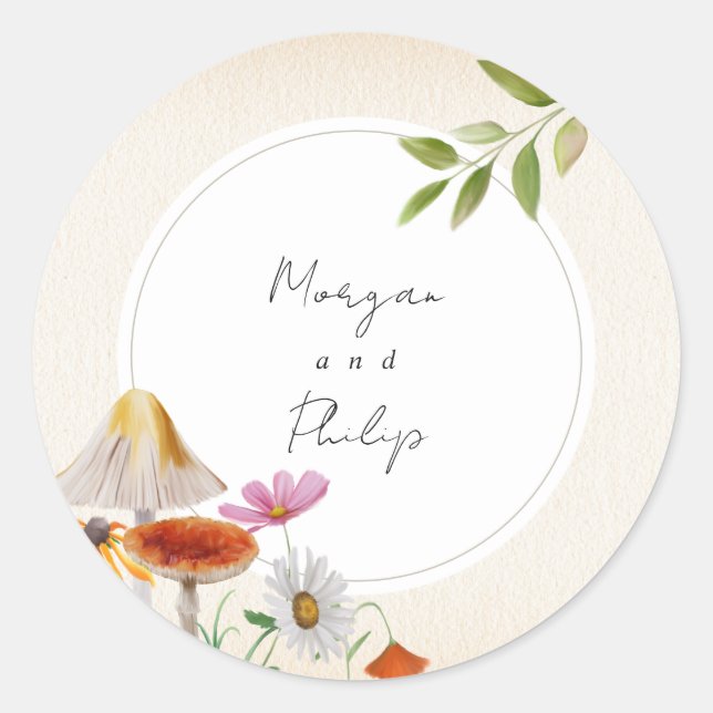 Woodland Forest Mushroom Floral Wedding Classic Round Sticker (Front)