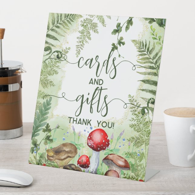 Woodland Forest Mushrooms Ferns Script Cards Gifts Pedestal Sign (In SItu)