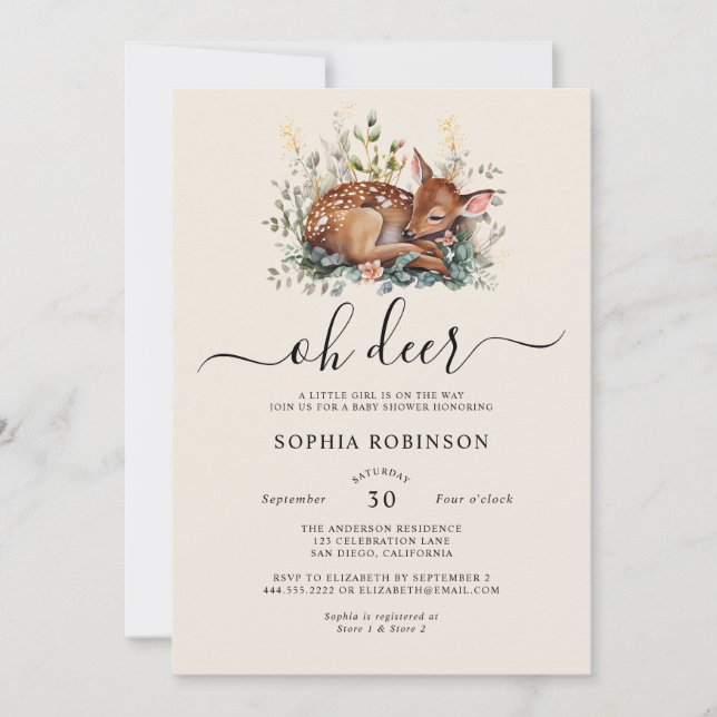 Woodland Forest Oh Deer Cream Beige Baby Shower  Invitation (Front)