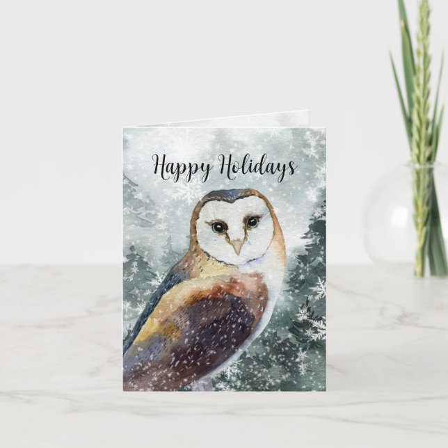 Woodland Forest Owl Happy Holiday Card (Front)