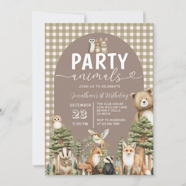 Woodland Forest Party Animals 1st Birthday Gingham Invitation (Front)