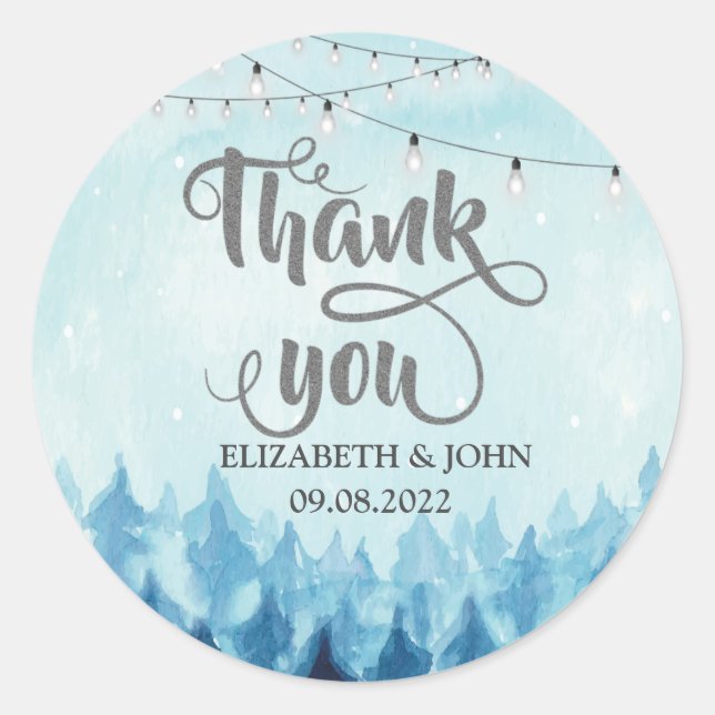 Woodland,Forest,Pine Trees Blue Thank You Wedding  Classic Round Sticker (Front)