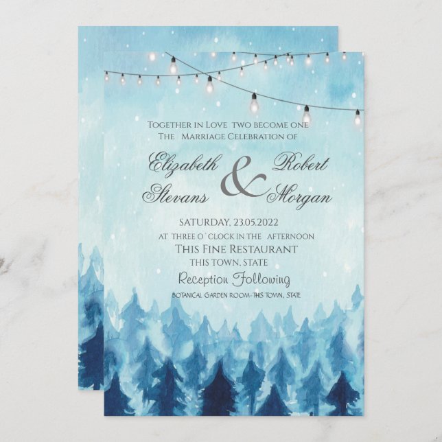 Woodland,Forest,Pine Trees Blue Wedding  Invitation (Front/Back)
