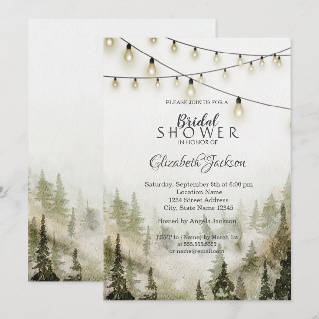 Woodland,Forest,Pine Trees,String Lights Invitation (Front/Back)