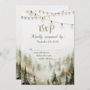 Woodland,Forest,Pine Trees,String Lights RSVP  Invitation
