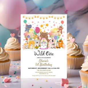 Woodland Forest Pink Wild One Girl Birthday Party Invitation