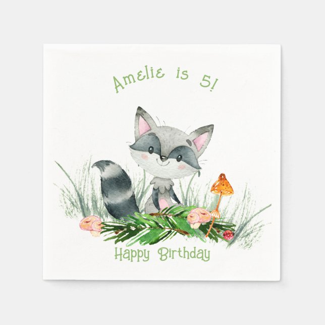 Woodland Forest Raccoon Cute Birthday Napkins (Front)