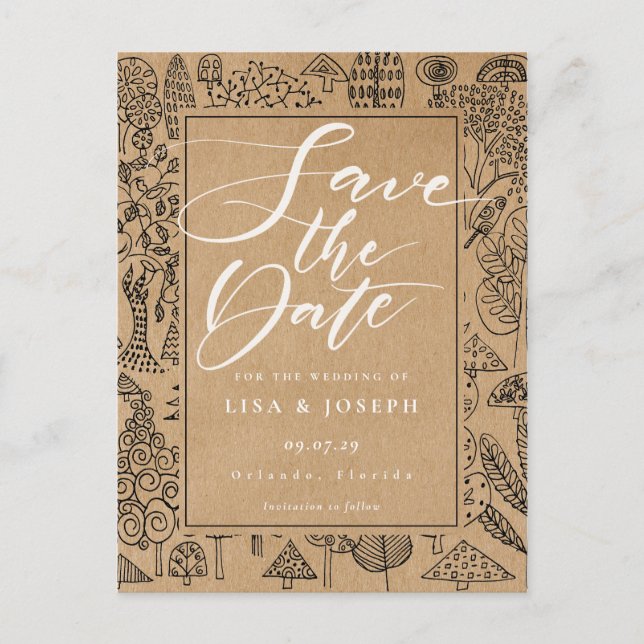 Woodland Forest Rustic Kraft Script Save the Date Postcard (Front)