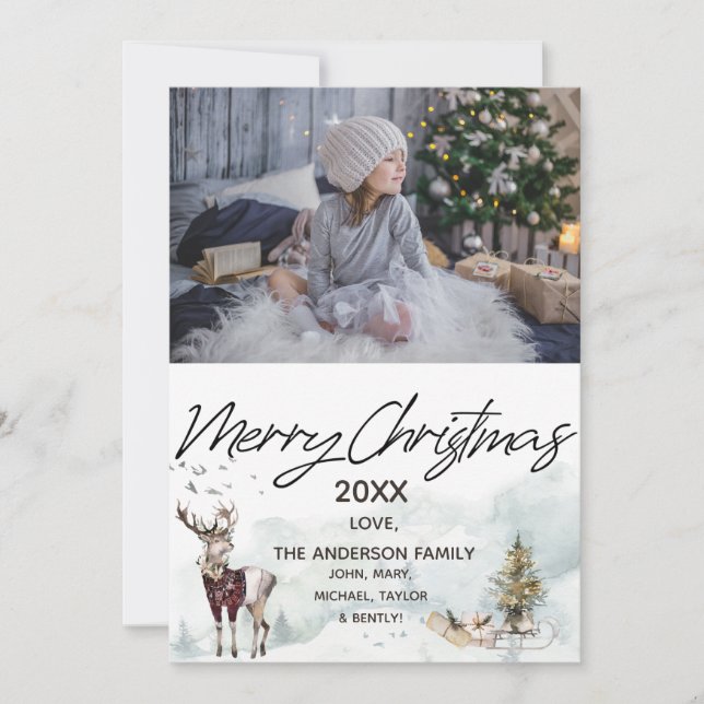 Woodland Forest Sled Deer Photo Merry Christmas Holiday Card (Front)