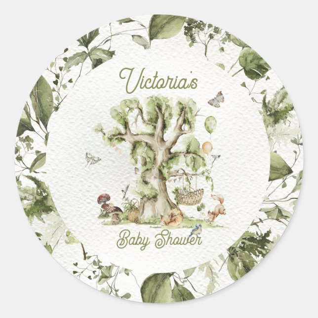 Woodland Forest Tree Cradle Animals Baby Shower Classic Round Sticker (Front)