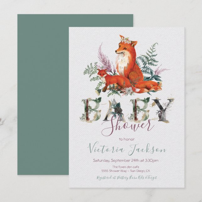 Woodland Forest twin fox Baby Shower Invitation (Front/Back)