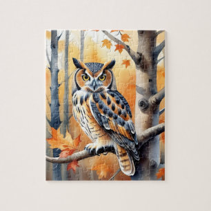 Woodland Forest Watercolor Owl Fall Animal Jigsaw Puzzle