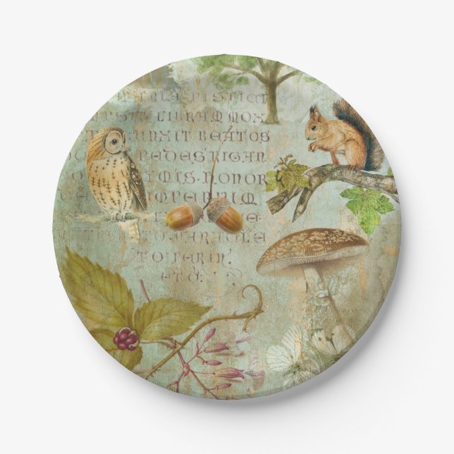 Woodland Forest Wildlife Squirrel, Owl, Autumnal Paper Plate (Front)