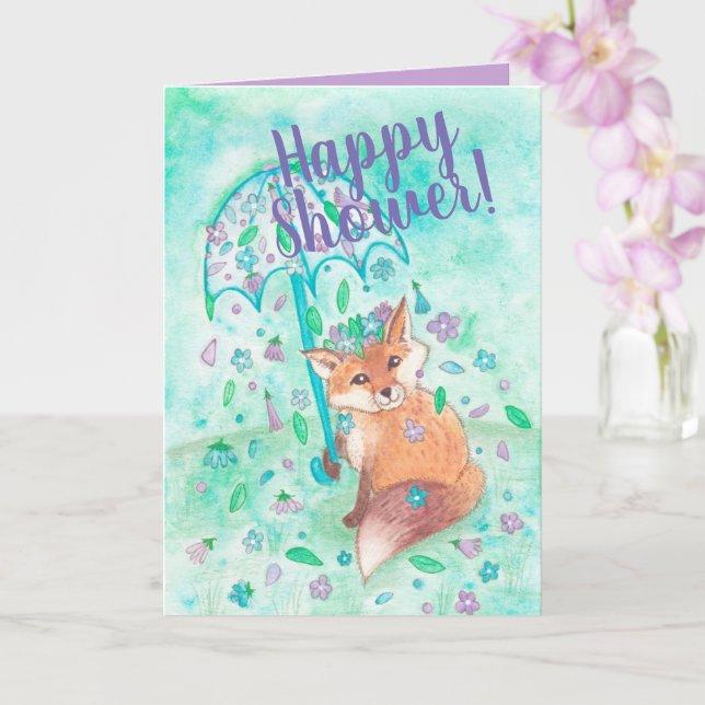 Woodland Fox and Flowers Happy Shower Card (Orchid)