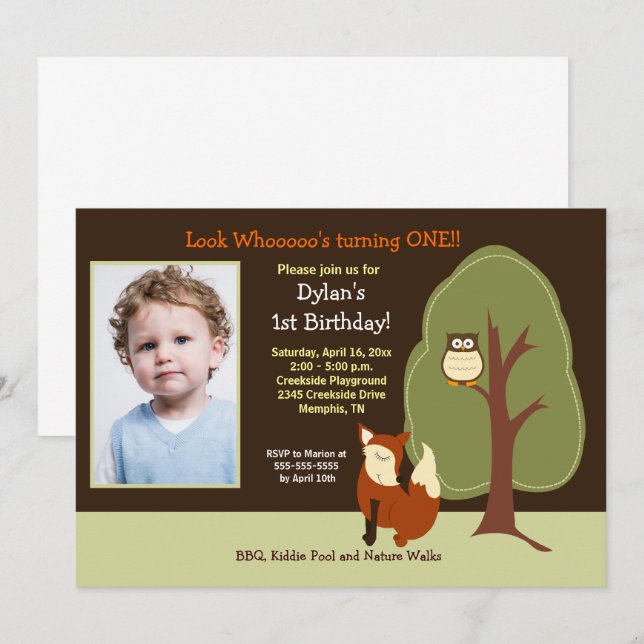 Woodland Fox and Owl Any Age Photo Birthday Invitation (Front/Back)