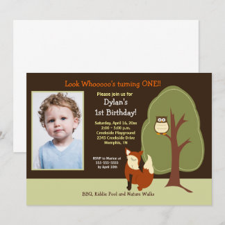 Woodland Fox and Owl Any Age Photo Birthday Invitation