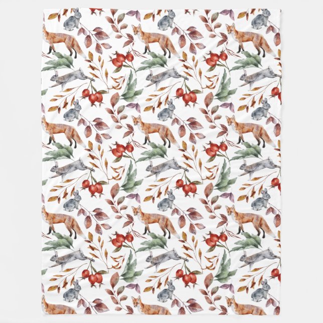 Woodland Fox and Rabbit Fall Foliage Fleece Blanket (Front)