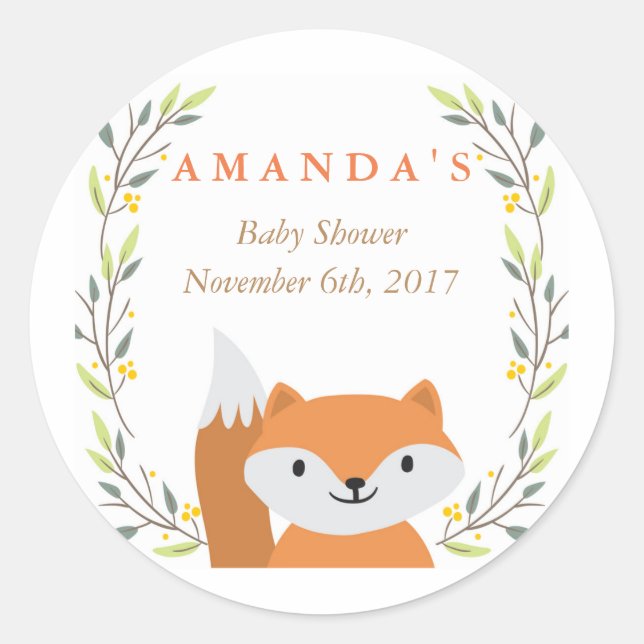 Woodland Fox Baby Shower Favour Sticker (Front)
