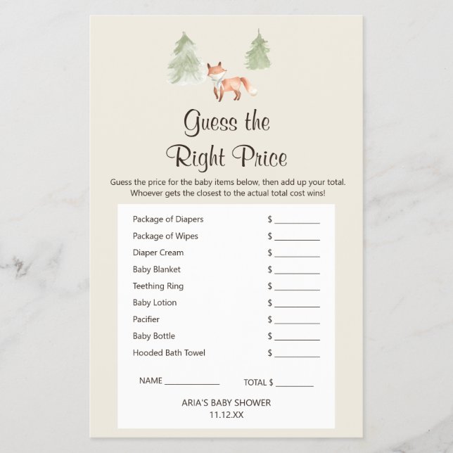 Woodland Fox Baby Shower GuessThe Right Price Game Flyer (Front)