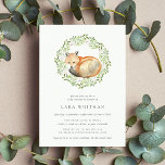 Woodland Fox Baby Shower Invitation<br><div class="desc">Elegant nature inspired baby shower invitations feature a sweet watercolor fox curled up inside a wreath of eucalyptus and green foliage. Personalize with your woodland themed or fall baby shower details beneath.</div>