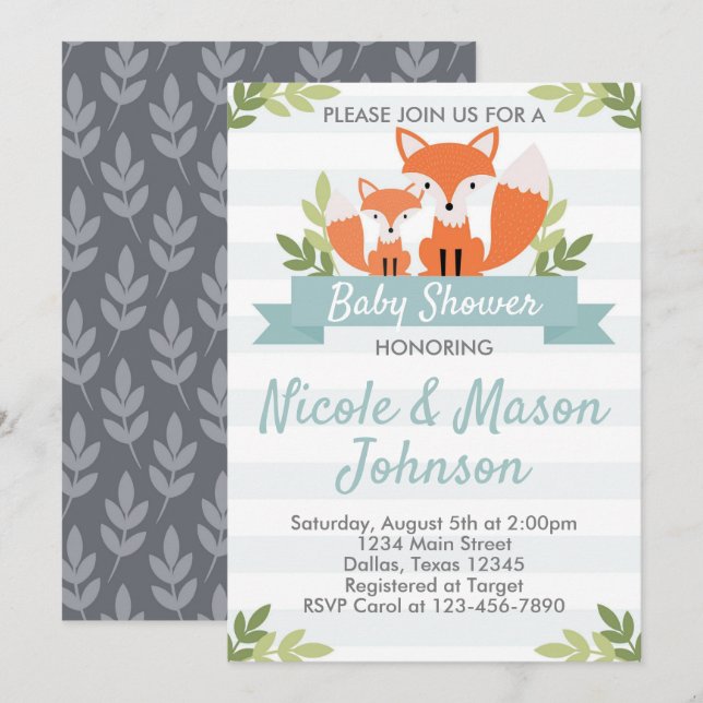 Woodland Fox Baby Shower Invitation Invite (Front/Back)