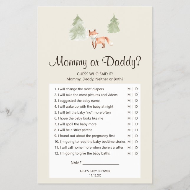 Woodland Fox Baby Shower Mommy or Daddy Game Flyer (Front)