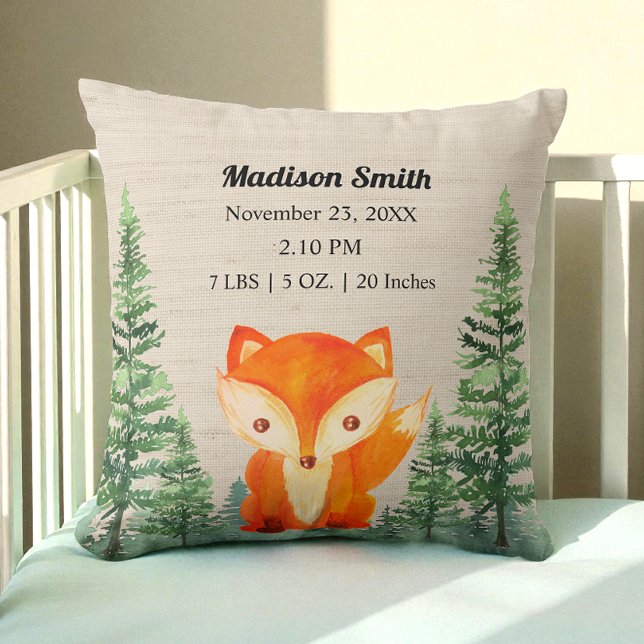 Woodland Fox Birth Stats Brown Nursery Throw Pillow (Creator Uploaded)