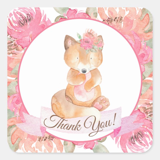 Woodland Fox Boho Pink Floral Baby Shower Square Sticker (Front)