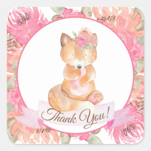 Woodland Fox Boho Pink Floral Baby Shower Square Sticker