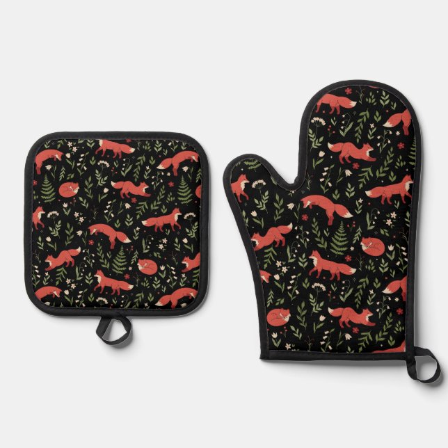 Woodland Fox Botanical  Oven Mitt & Pot Holder Set (Front)