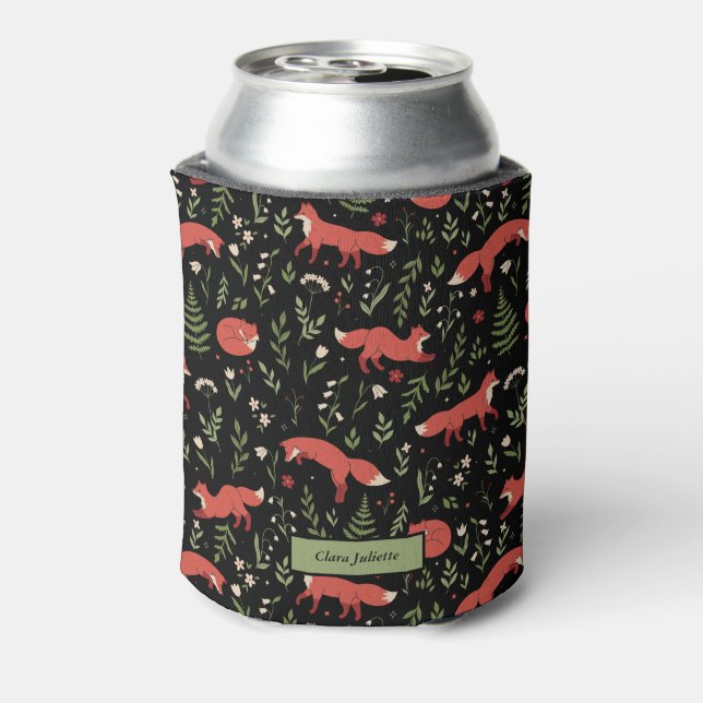 Woodland Fox Botanical Pattern Custom Name Can Cooler (Can Back)