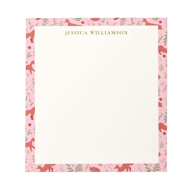 Woodland Fox Botanical Pattern Personalized Name Notepad (Front)