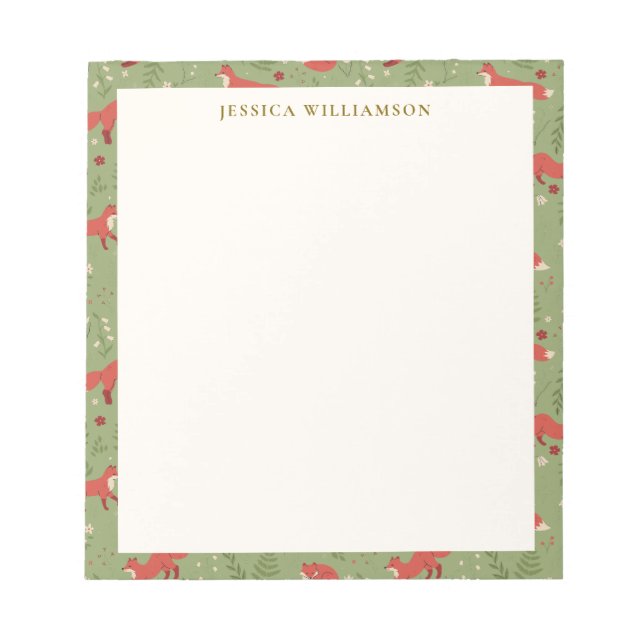 Woodland Fox Botanical Pattern Personalized Name Notepad (Front)