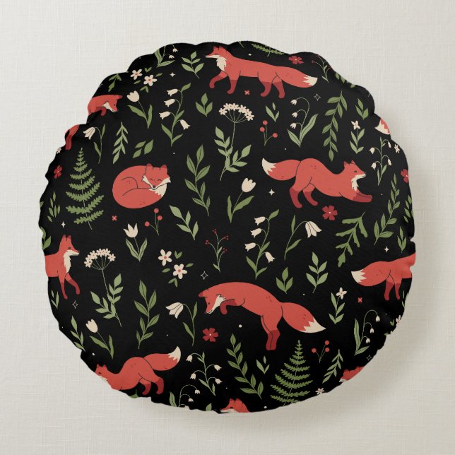 Woodland Fox Botanical Pattern Round Pillow (Front)