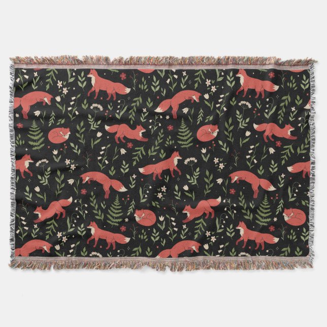 Woodland Fox Botanical Pattern Throw Blanket (Front)