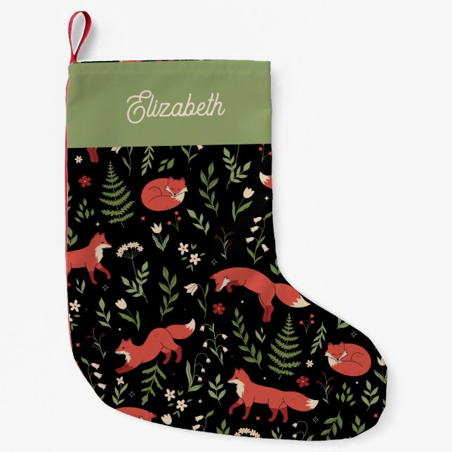 Woodland Fox Botanical Personalized Kids Small Christmas Stocking (Front)
