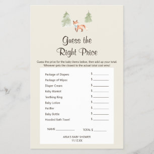 Woodland Fox Boy Shower Guess The Right Price Game Flyer