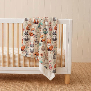 Woodland Fox Bunny Watercolor Cozy Sherpa Blanket