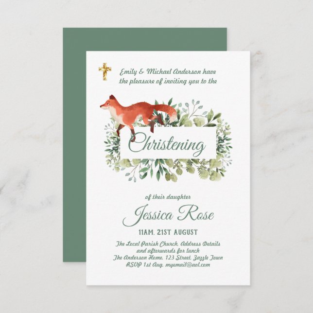 Woodland Fox Christening Invitations Baptême (Devant / Derrière)