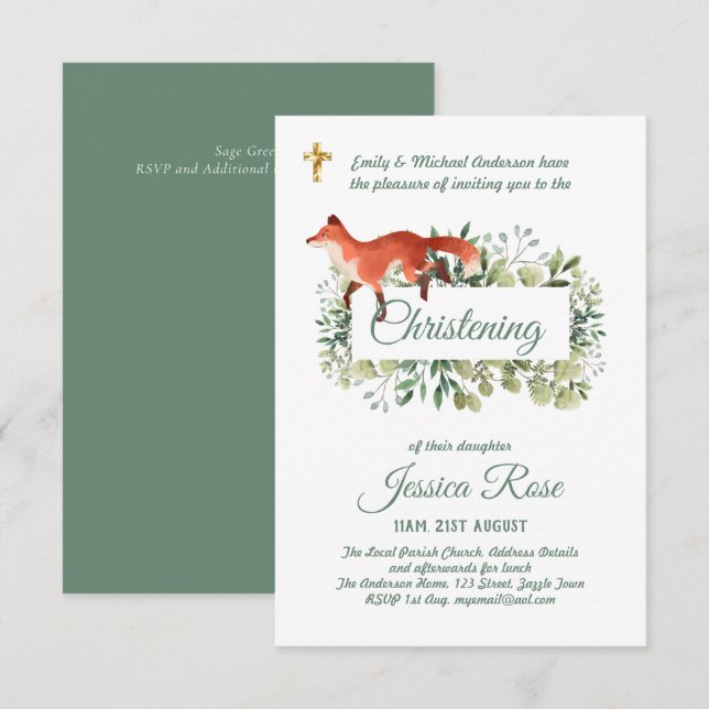 Woodland Fox Christening Invites Baptism  (Front/Back)