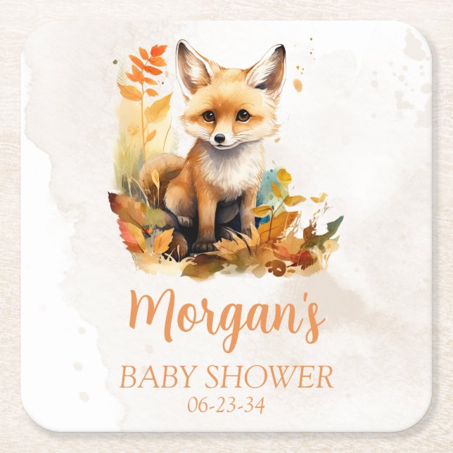 Woodland Fox Cute Baby Shower Square Paper Coaster (Front)